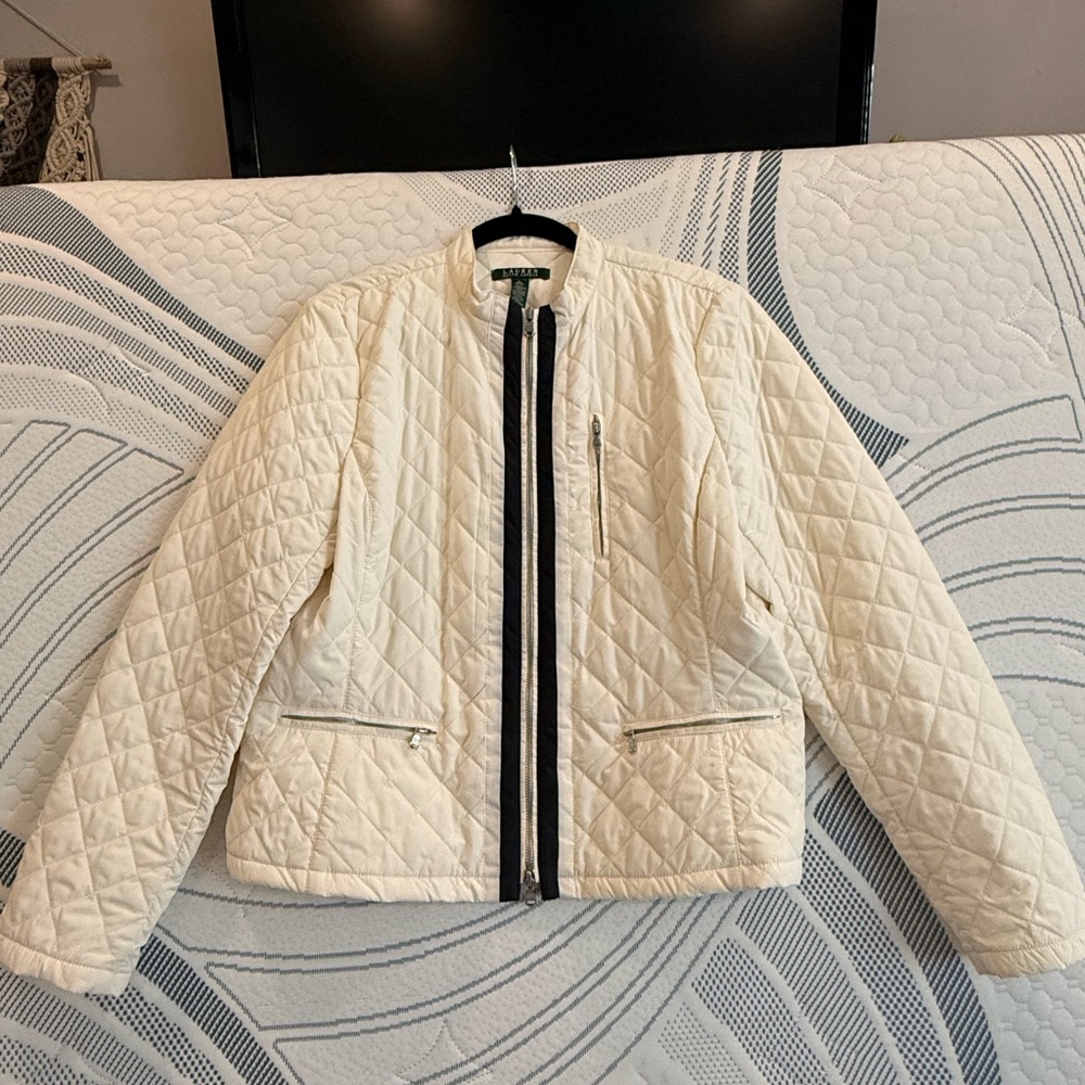 Ralph Lauren Ivory Quilted Bomber Jacket with Black Zip Trim